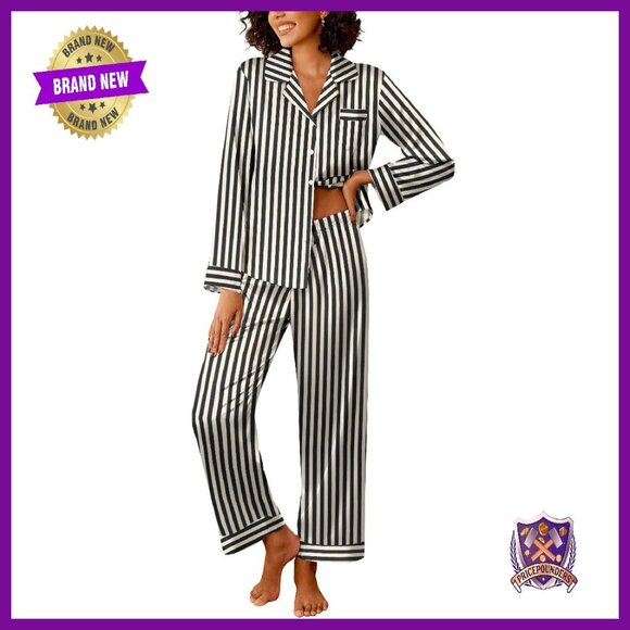 Silk Satin Pajama Set Long Sleeve Button Down Top and Pants